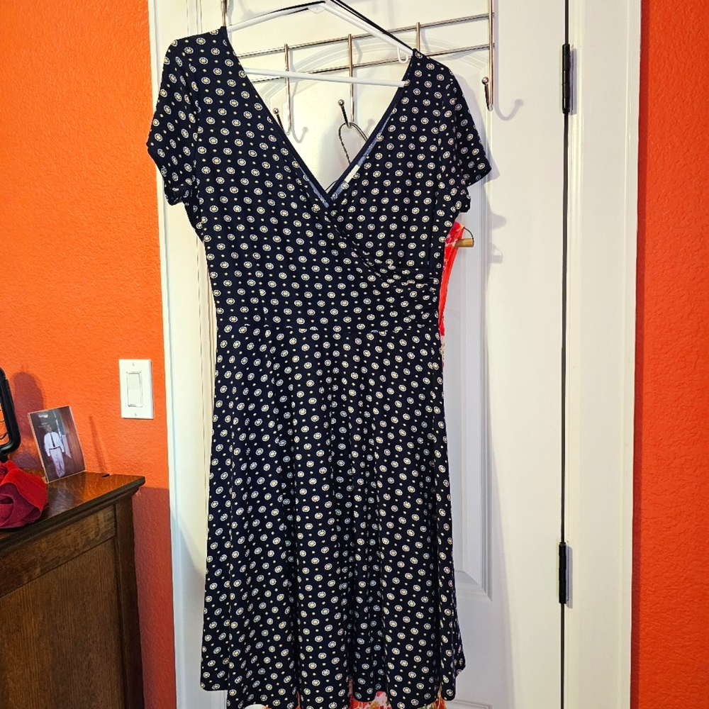 Blue and White Fit and Flare V-Neck Mini Dress